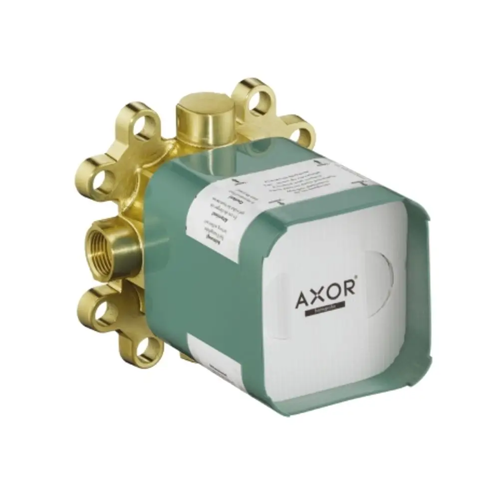Grüner Grundkörper mit goldenen Anschlüssen und etlichen Montageöffnungen für Brausearm. Markierung mit AXOR auf der Verpackung.